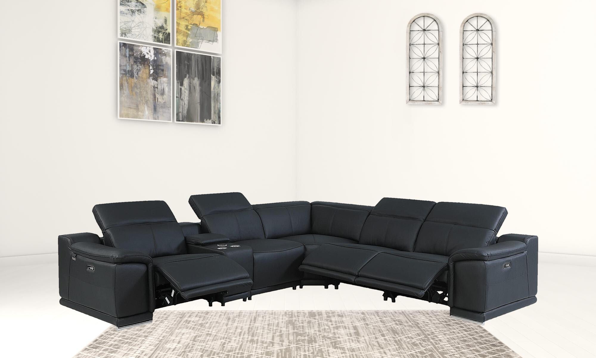 Black Italian Leather Power Reclining U Shaped Six Piece Corner Sectional With Console
