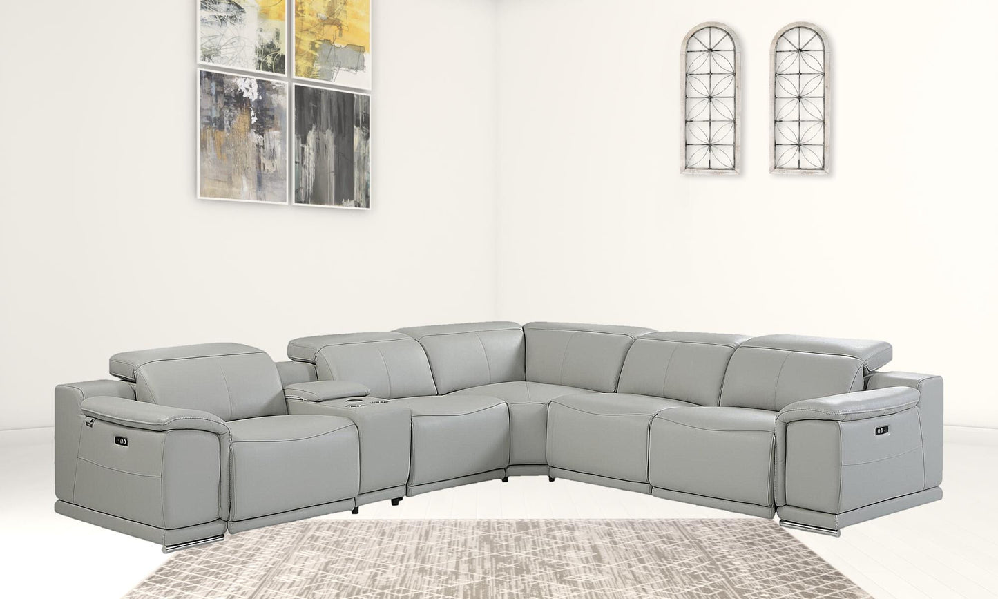 Light Gray Italian Leather Power Reclining U Shaped Six Piece Corner Sectional With Console