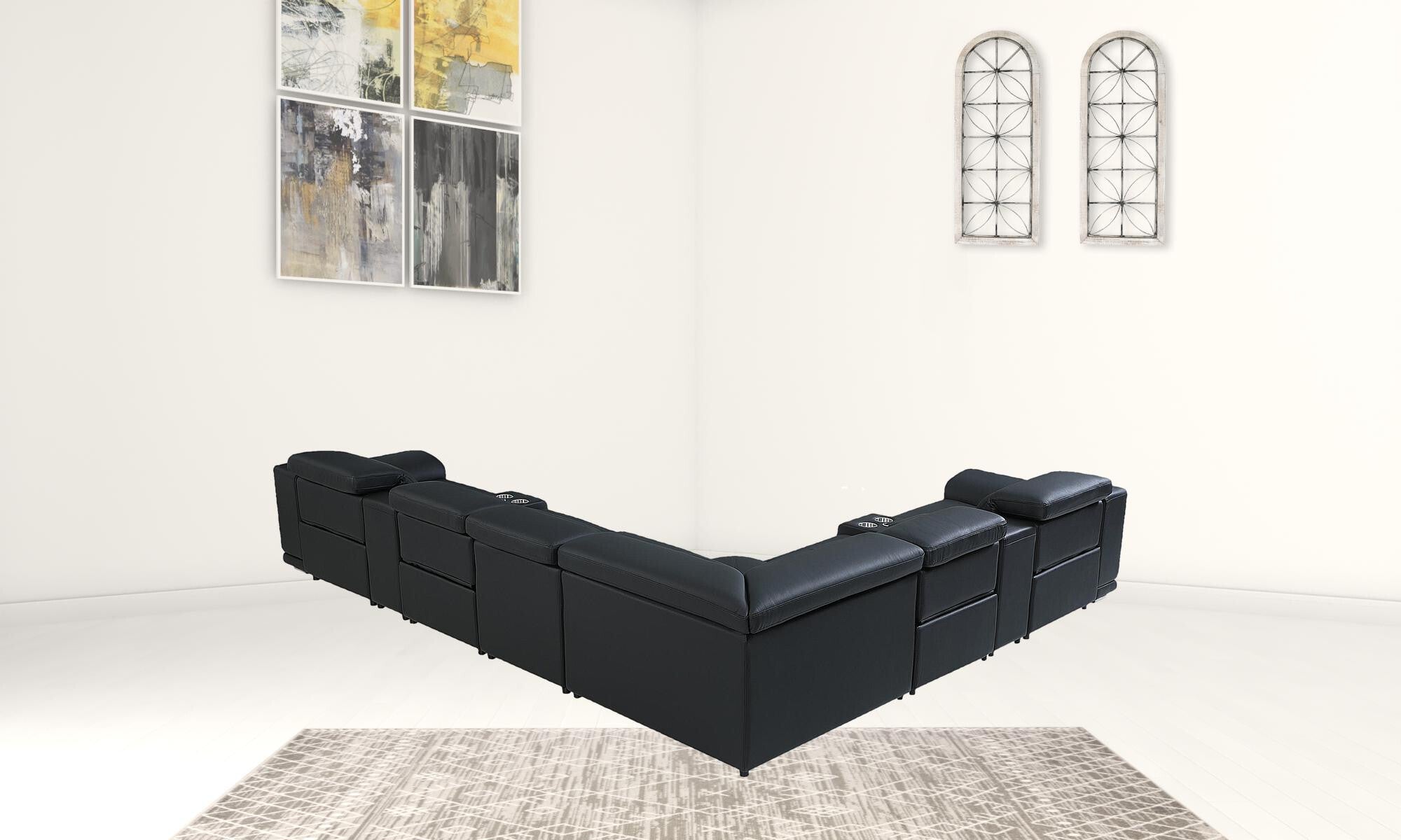 Black Italian Leather Power Reclining U Shaped Eight Piece Corner Sectional With Console