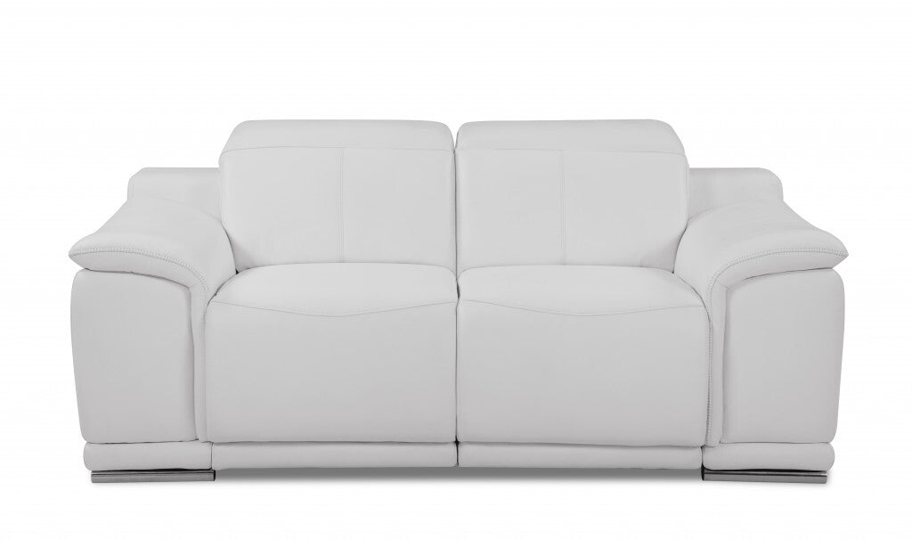 72" White And Silver Italian Leather Power Reclining Loveseat