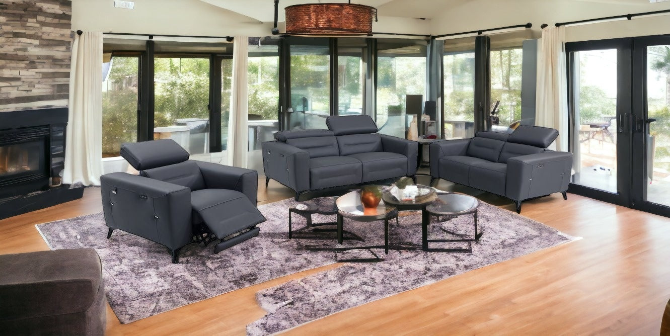 Three Piece Indoor Dark Gray Italian Leather Six Person Seating Set