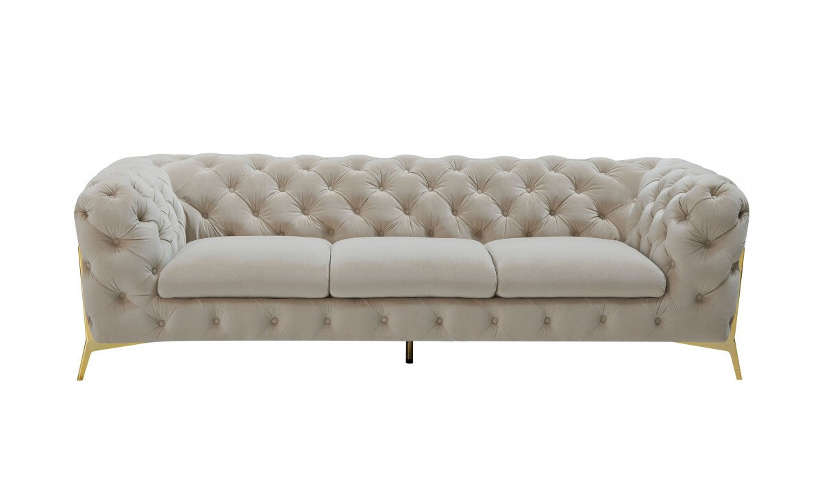 97" Beige Velvet Sofa With Gold Legs
