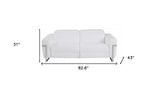 83" White Italian Leather USB Reclining Sofa With Chrome Legs