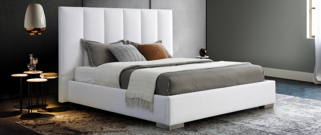 Queen White Upholstered Channel Tufted Velvet Bed Frame