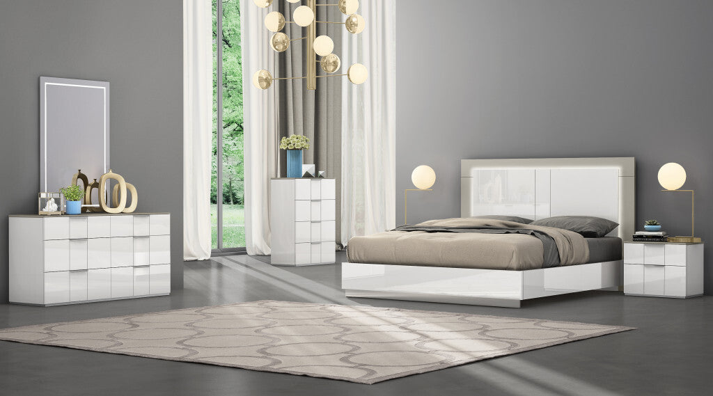 Queen White and Taupe High Gloss Bed Frame with LED Headboard