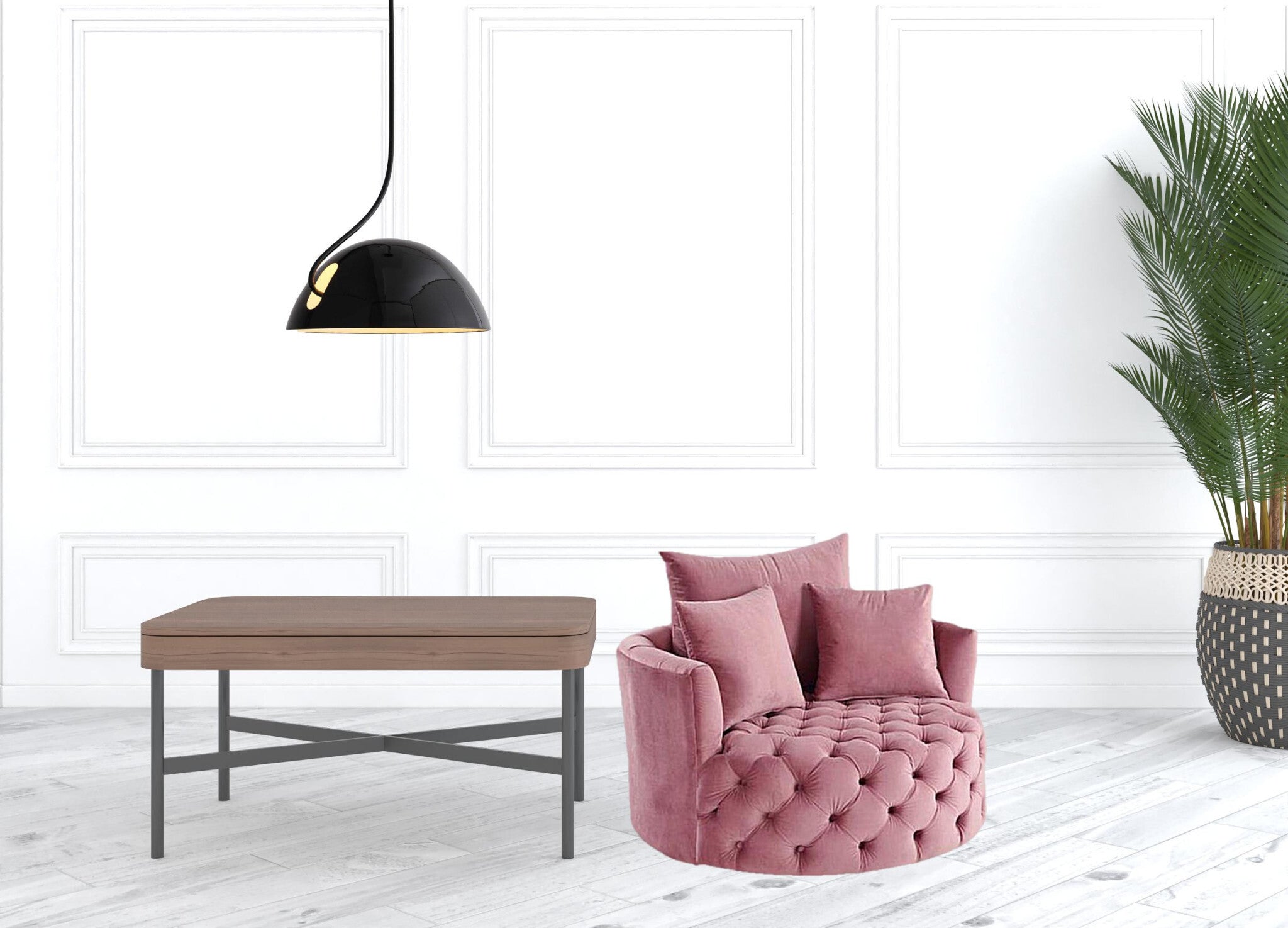 43" Pink Velvet Tufted Swivel Barrel Chair And Toss Pillows