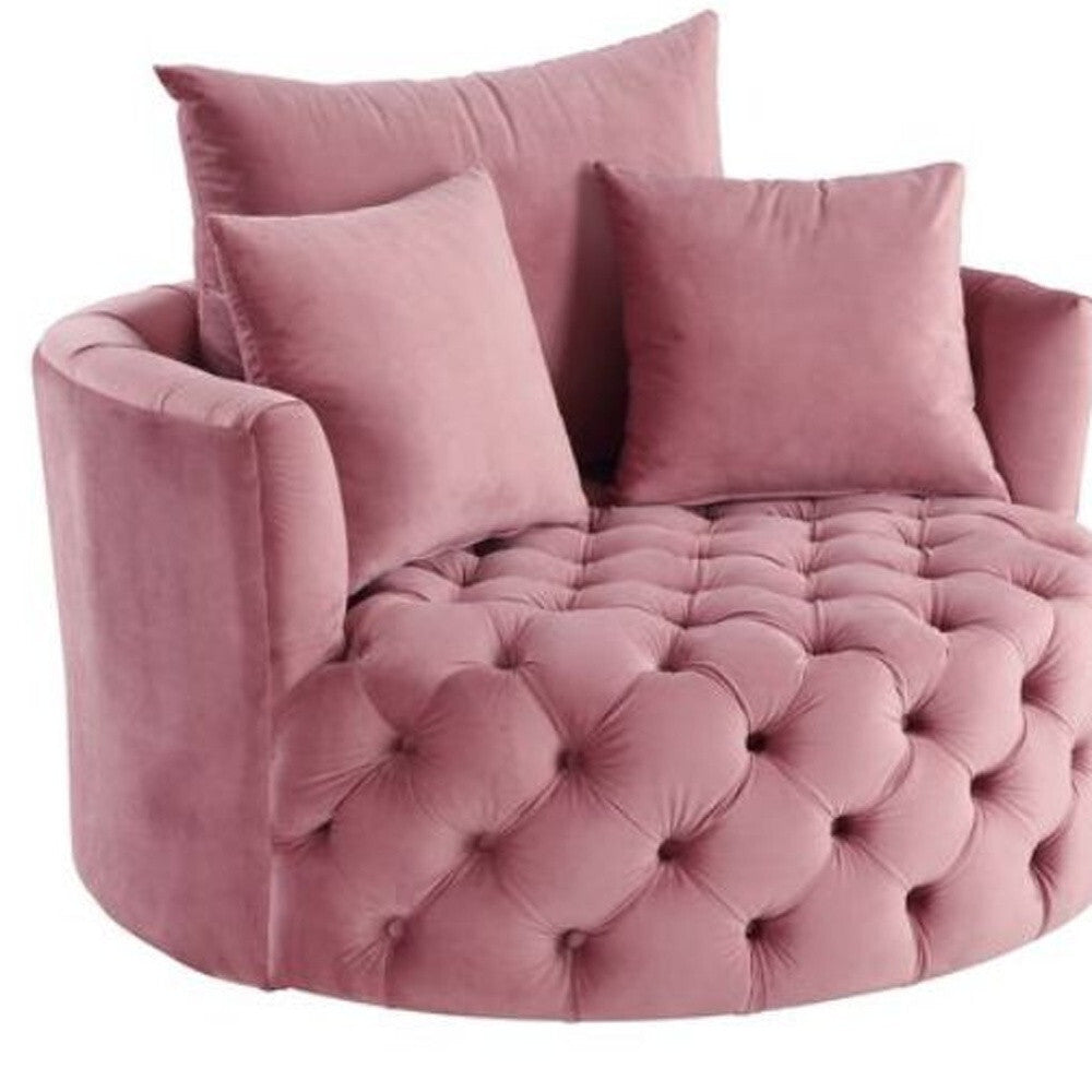 43" Pink Velvet Tufted Swivel Barrel Chair And Toss Pillows