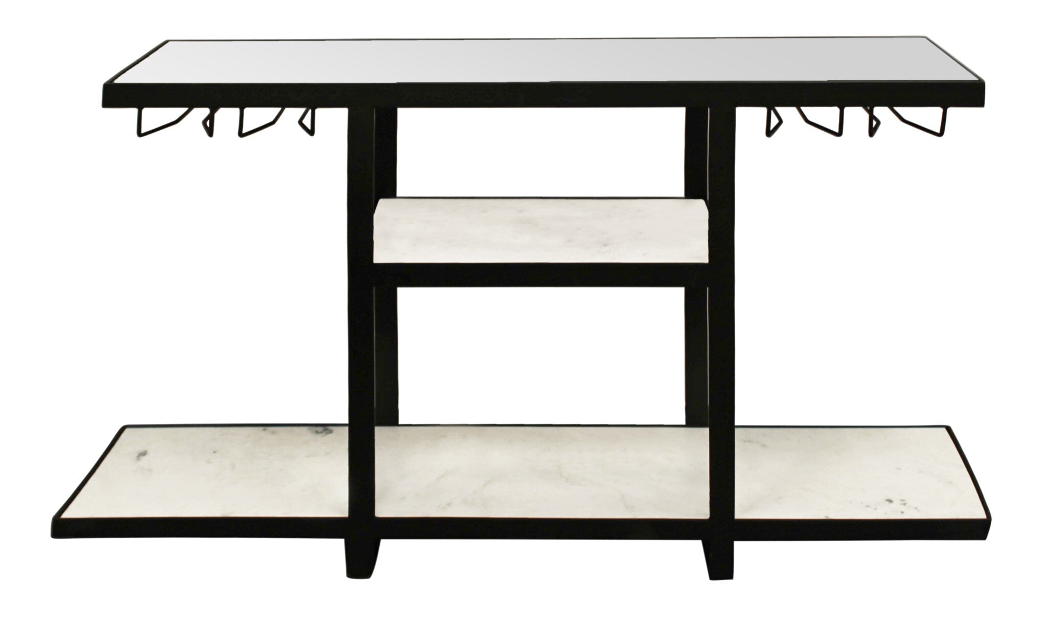 58" White and Black Glass Floor Shelf Console Table With Shelves
