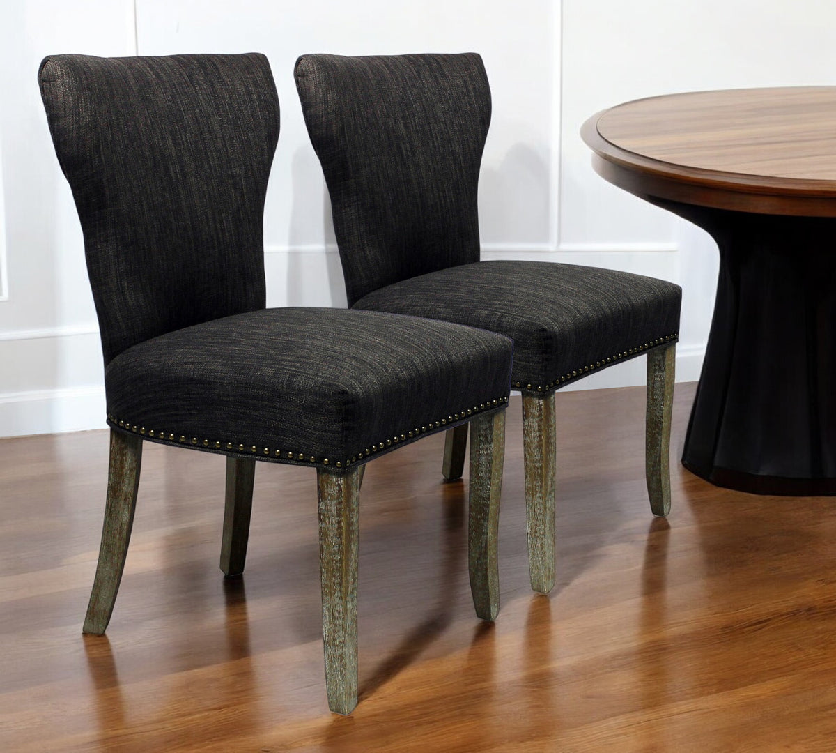 Set of Two Dark Gray And Brown Upholstered Fabric Dining Parsons Chairs