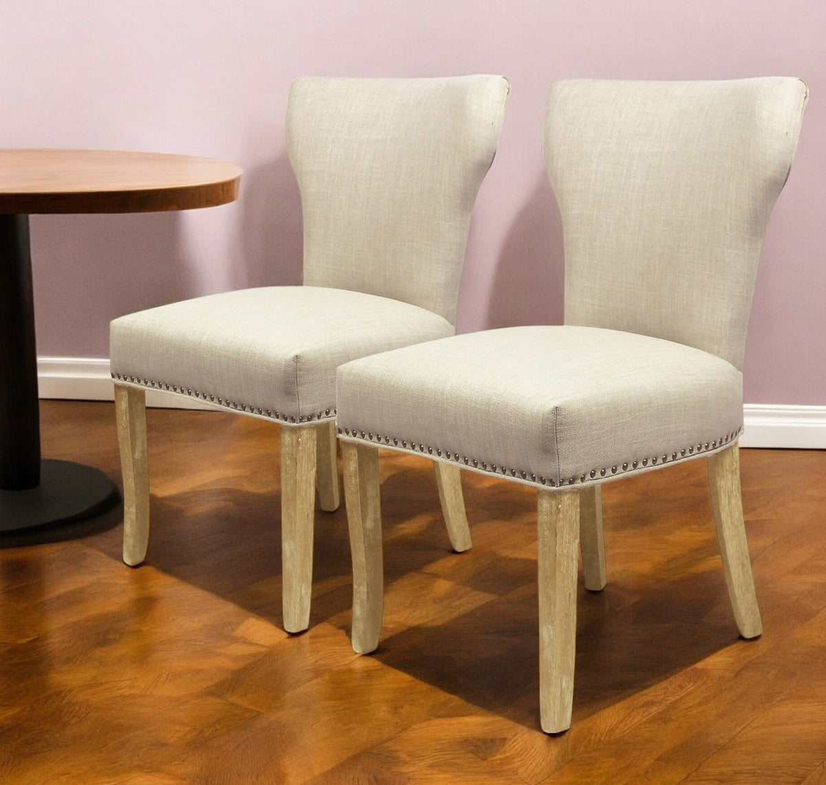Set of Two Ivory And Natural Upholstered Fabric Dining Parsons Chairs