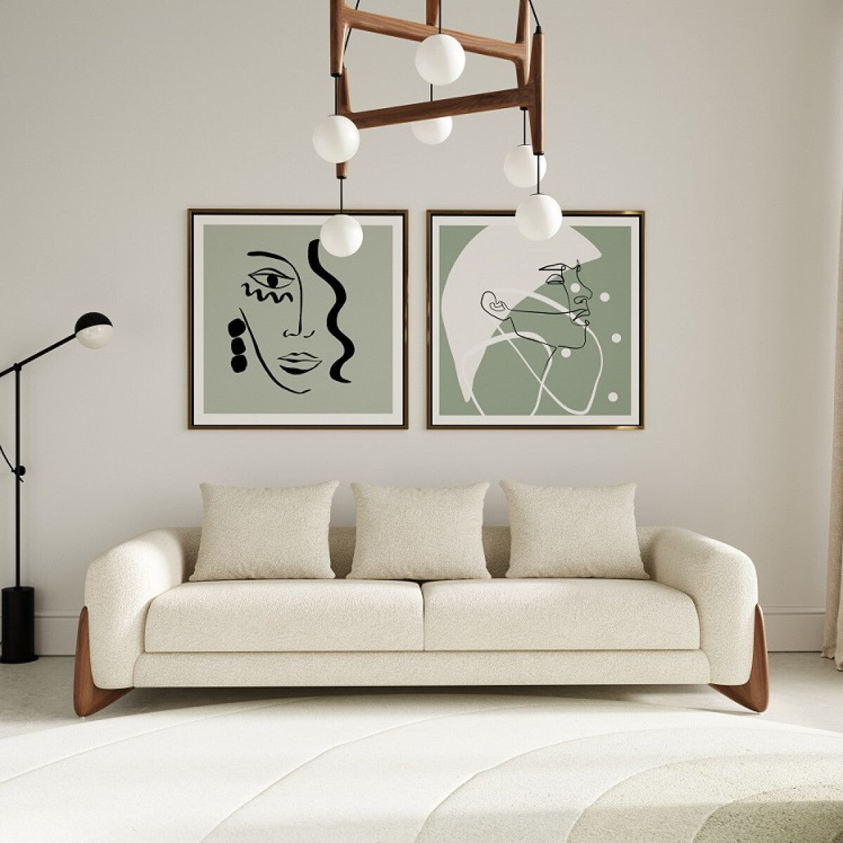100" Cream Fabric Sofa With Wood Brown Legs
