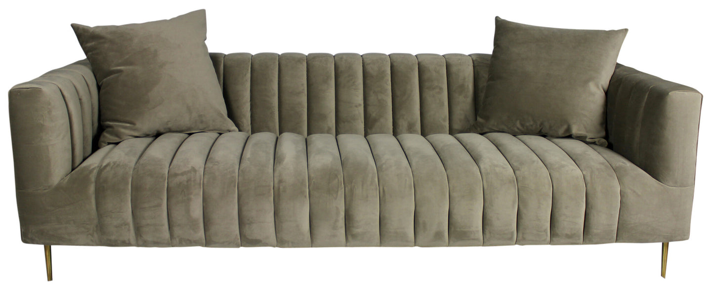 90" Gray Brown Velvet Sofa And Toss Pillows With Gold Legs