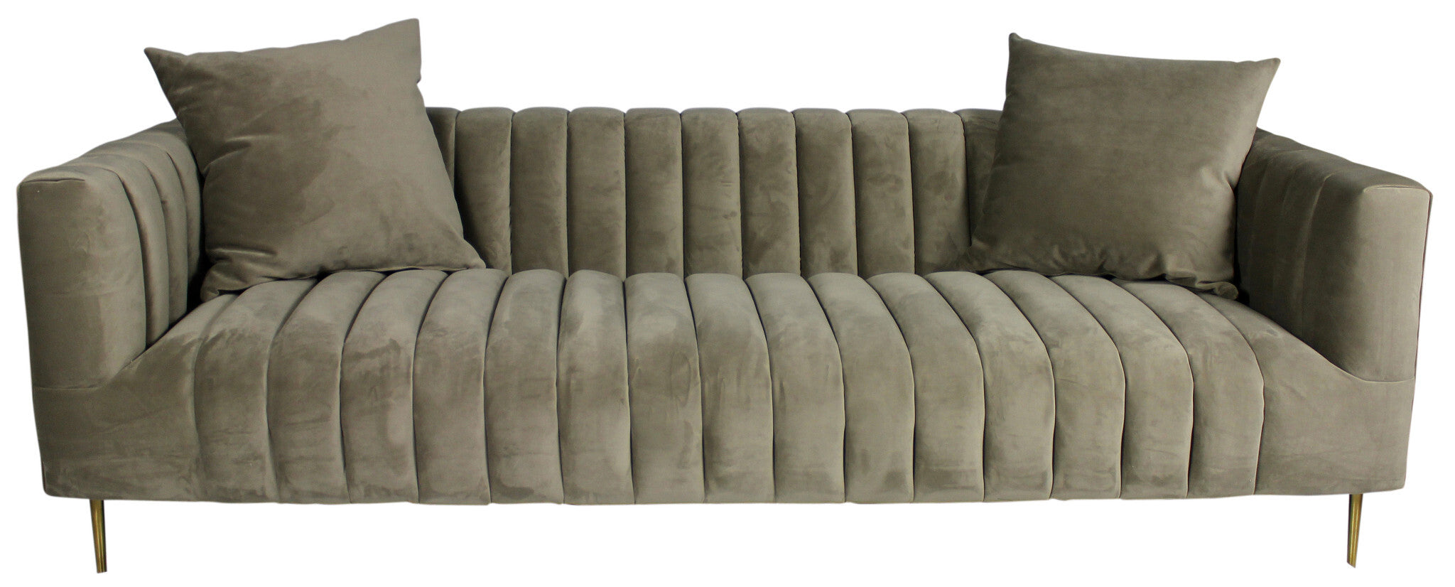 90" Gray Brown Velvet Sofa And Toss Pillows With Gold Legs
