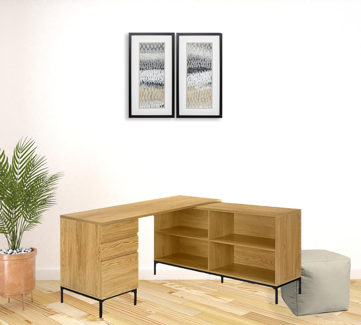 60" Brown and Black L Shape Computer Desk With Three Drawers