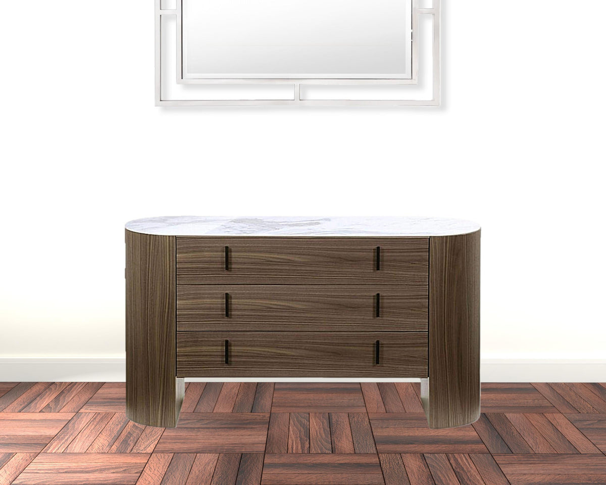 55" Walnut Marble Solid And Manufactured Wood Three Drawer Dresser