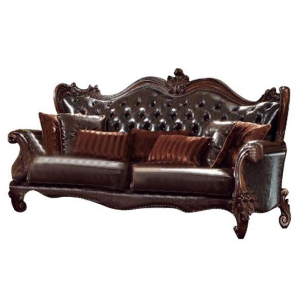 93" Brown Faux Leather Sofa And Toss Pillows With Burgundy Legs