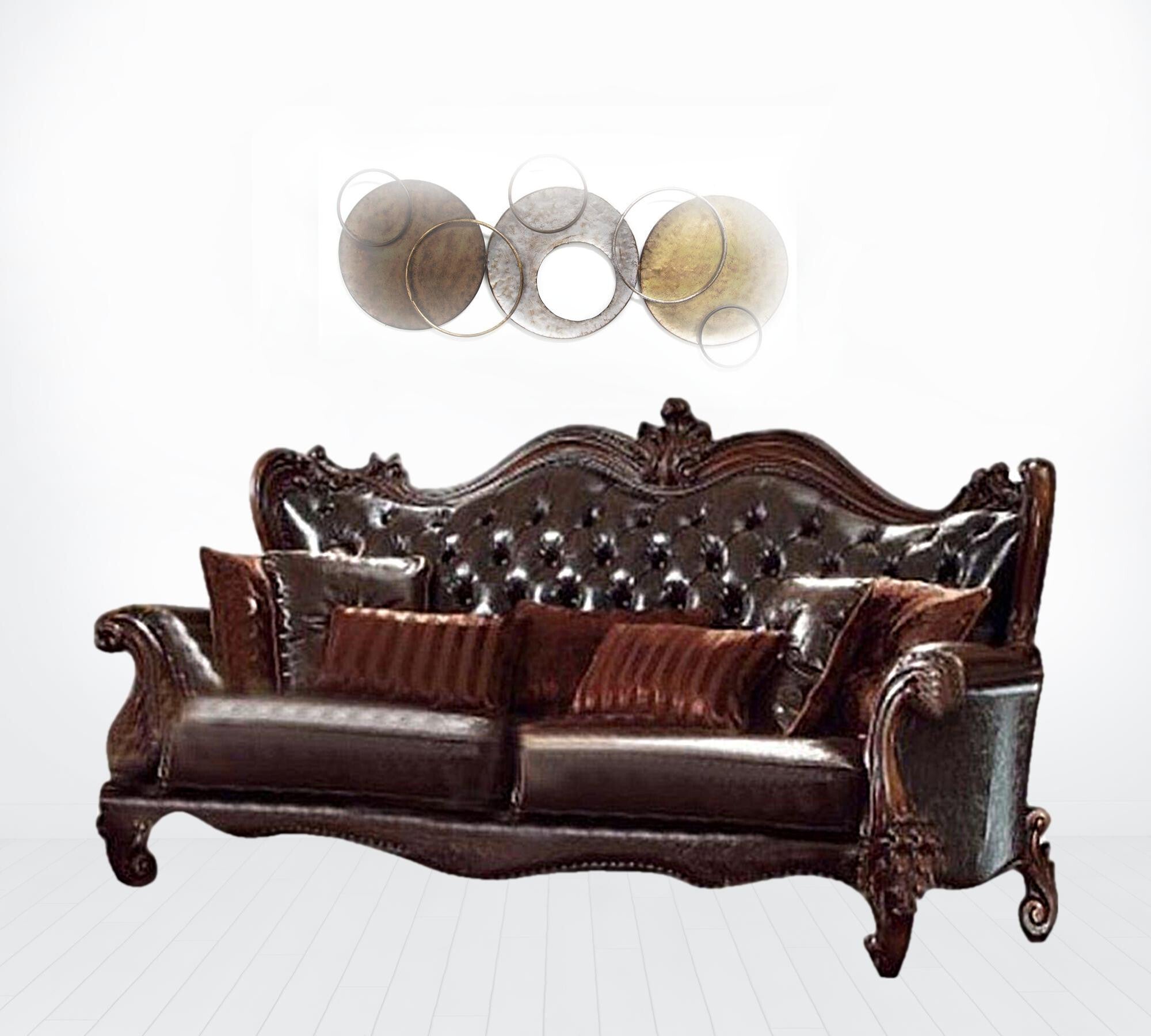 93" Brown Faux Leather Sofa And Toss Pillows With Burgundy Legs