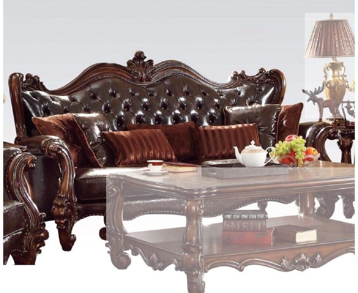 93" Brown Faux Leather Sofa And Toss Pillows With Burgundy Legs