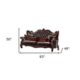 93" Brown Faux Leather Sofa And Toss Pillows With Burgundy Legs