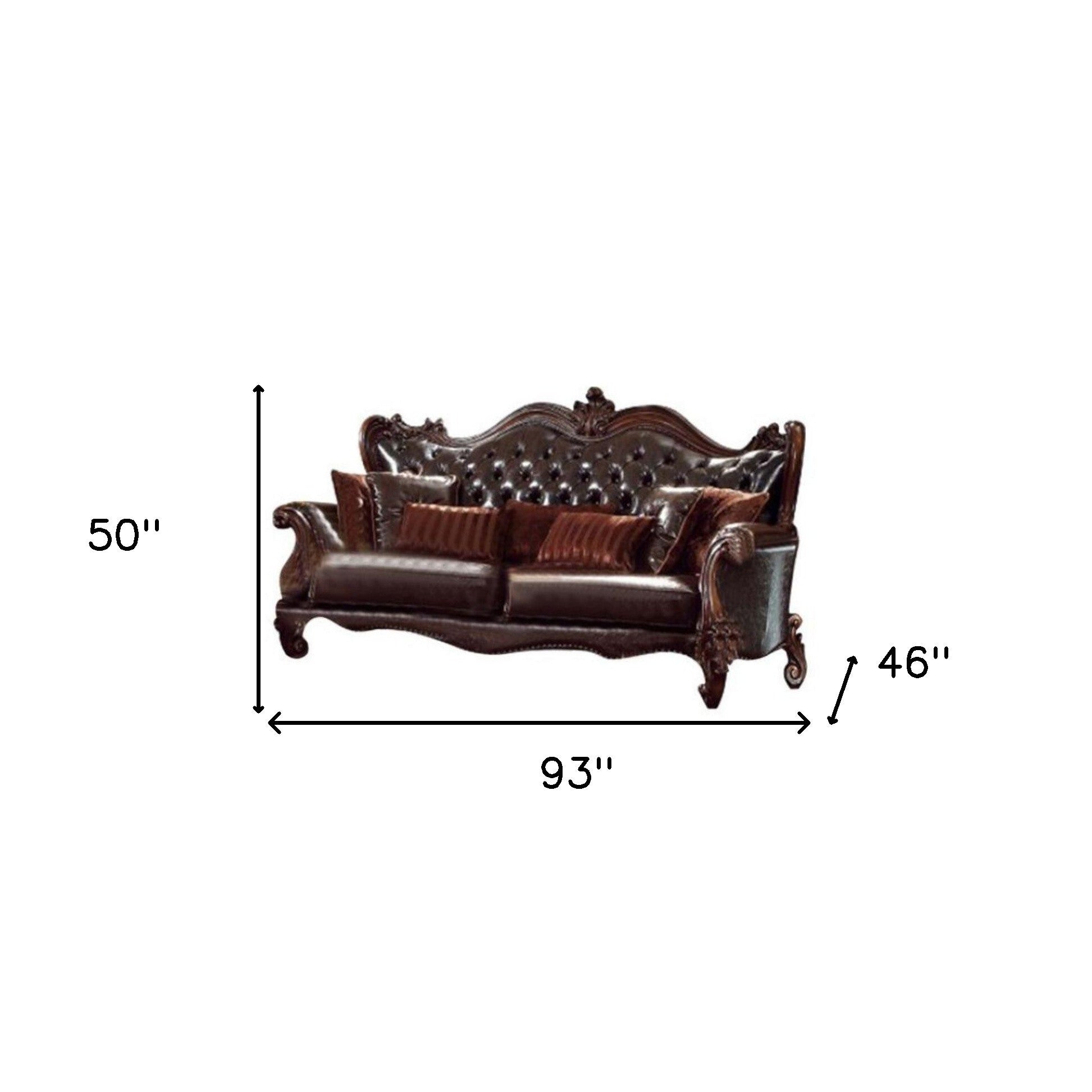 93" Brown Faux Leather Sofa And Toss Pillows With Burgundy Legs