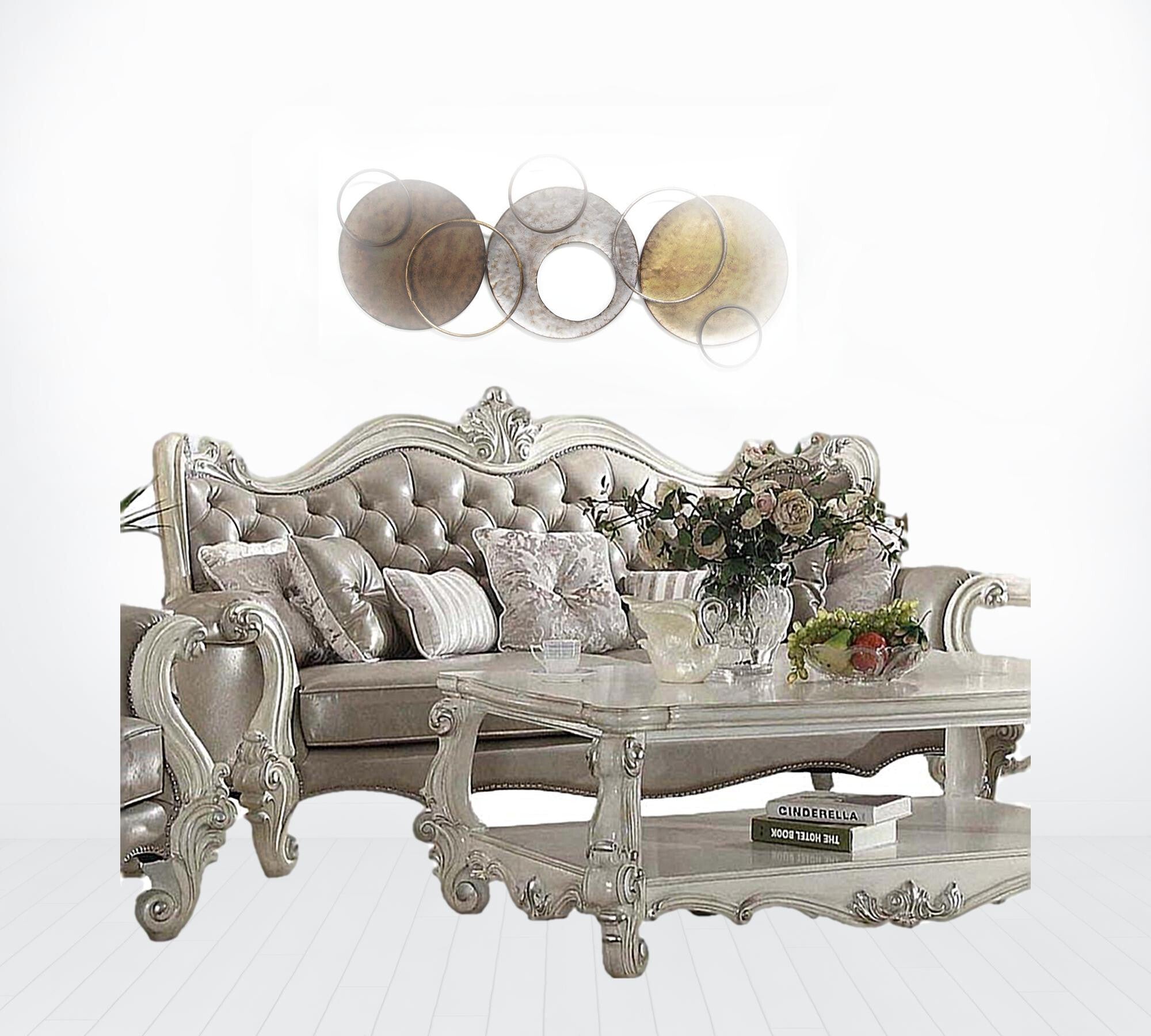 90" Gray Faux Leather Curved Sofa And Toss Pillows With Bone Legs