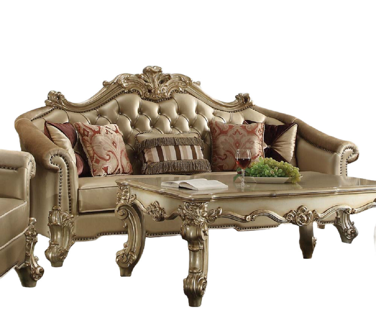 89" Bone Faux Leather Sofa And Toss Pillows With Gold Legs