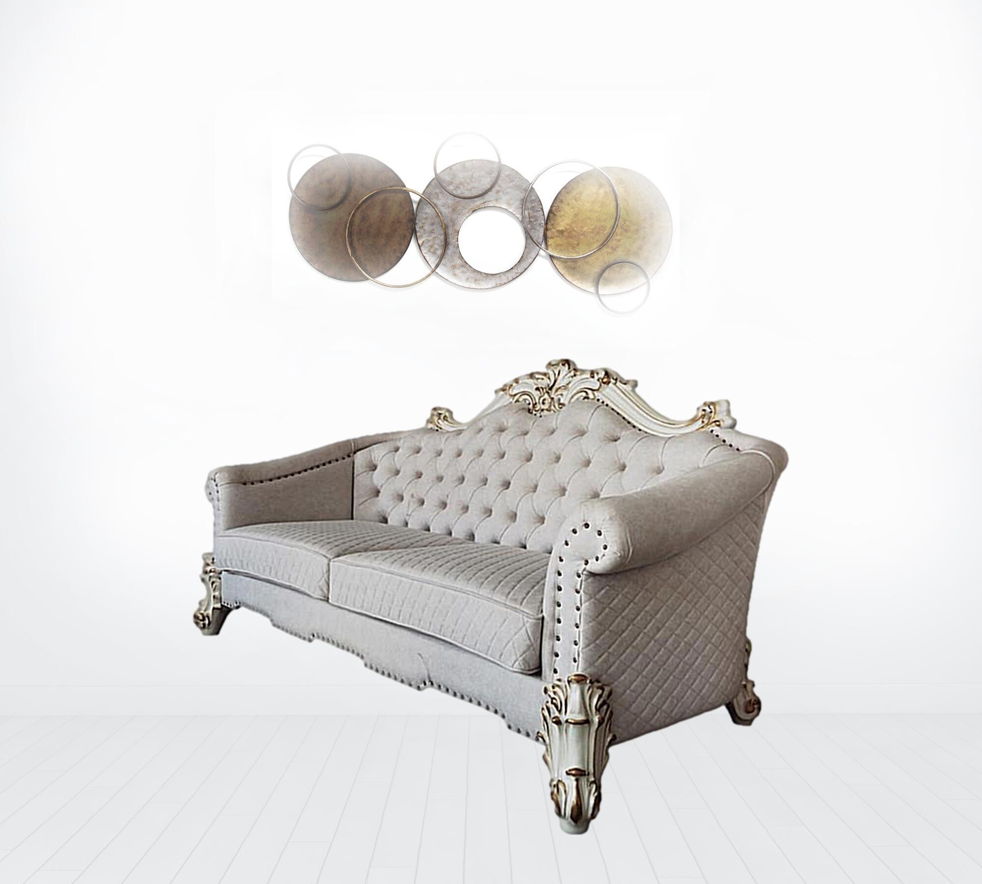 89" Ivory Velvet Sofa And Toss Pillows With Pearl Legs