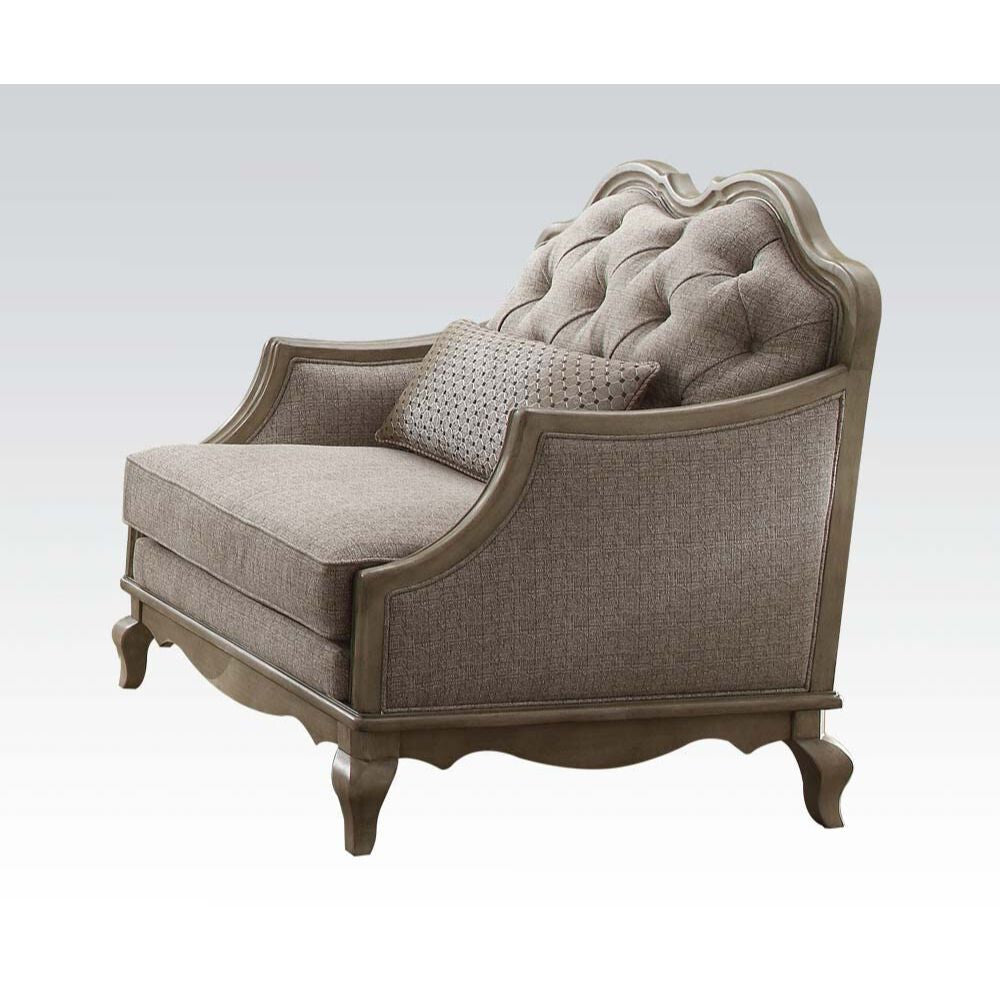 38" Beige And Taupe Fabric Tufted Chair and a Half And Toss Pillow