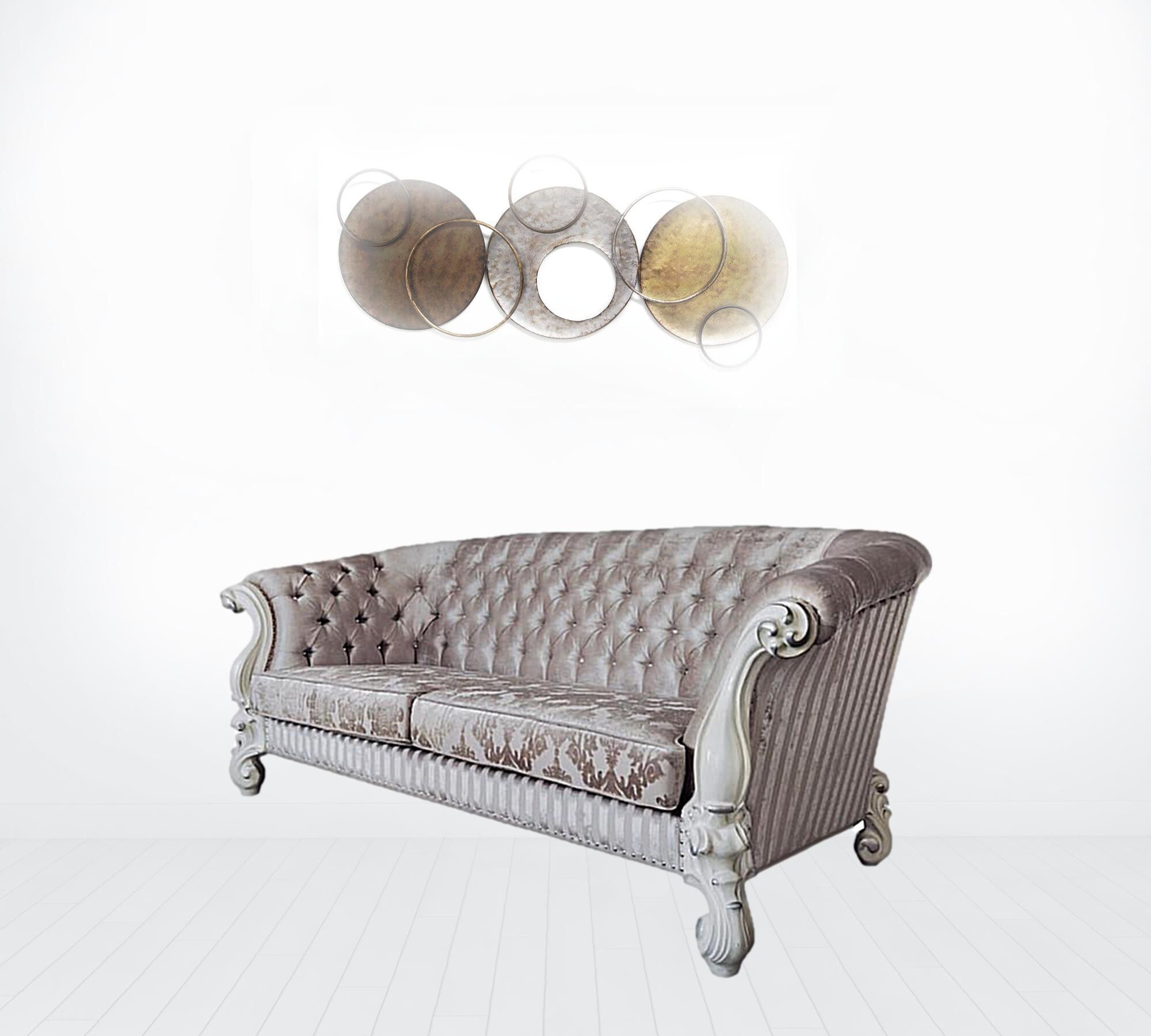 99" Ivory Velvet Damask Sofa And Toss Pillows With Bone Legs