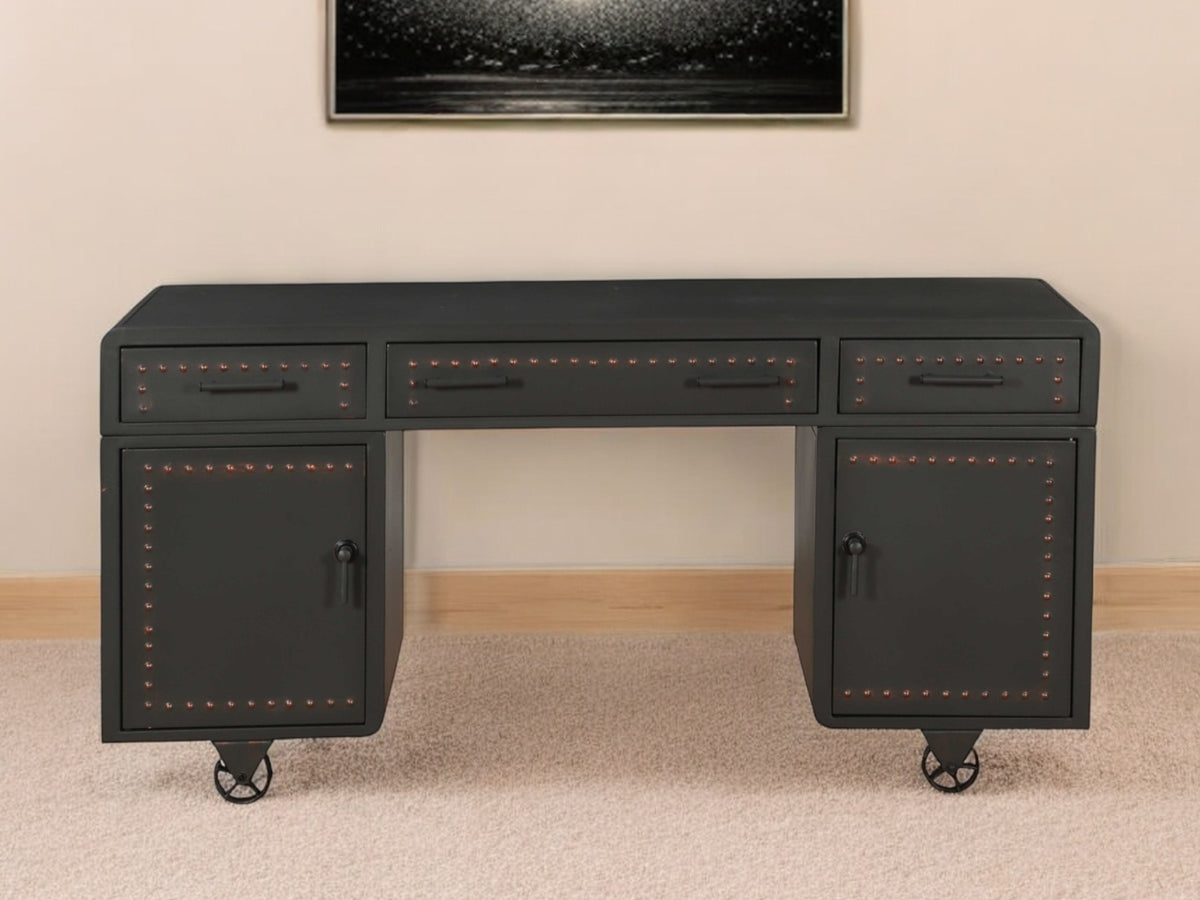 63" Gray Metal Executive Desk With Two Cabinets Three Drawers