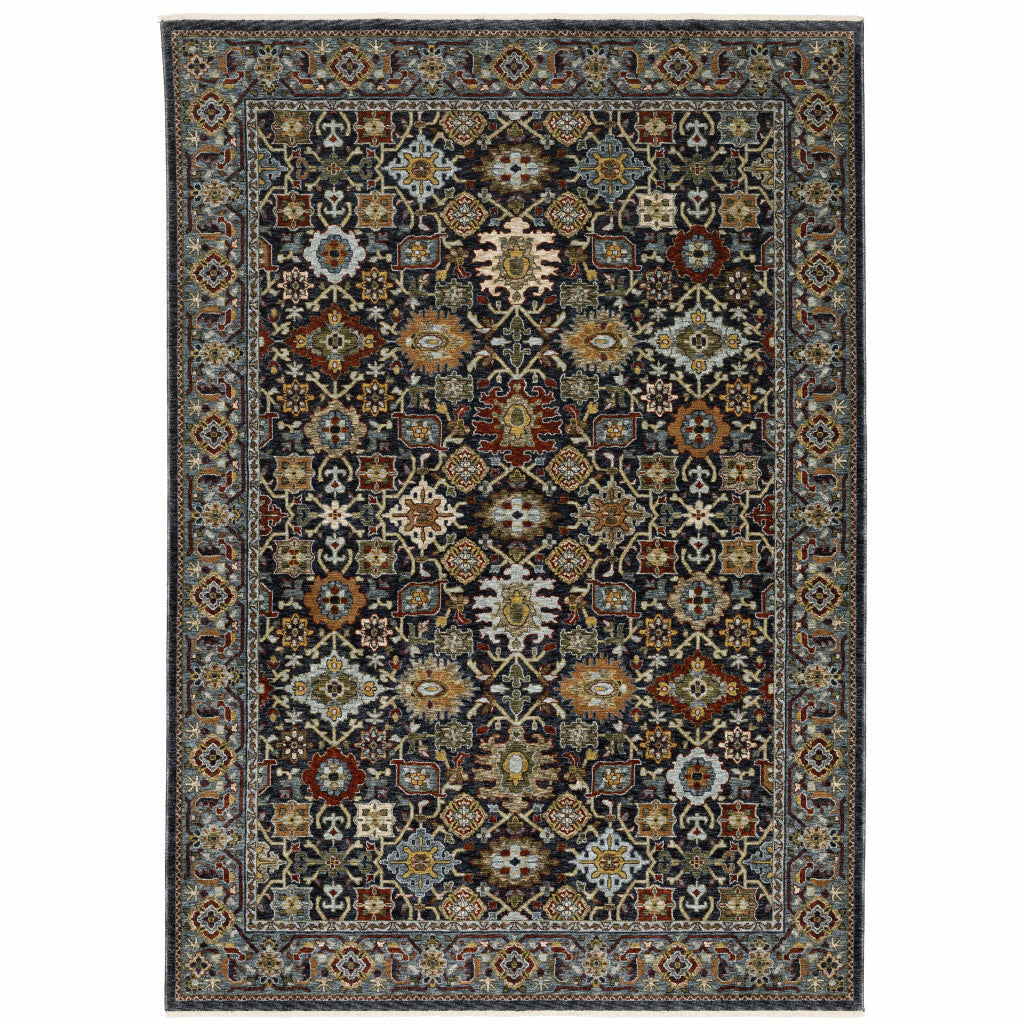 10' X 13' Blue and Beige Oriental Power Loom Area Rug With Fringe