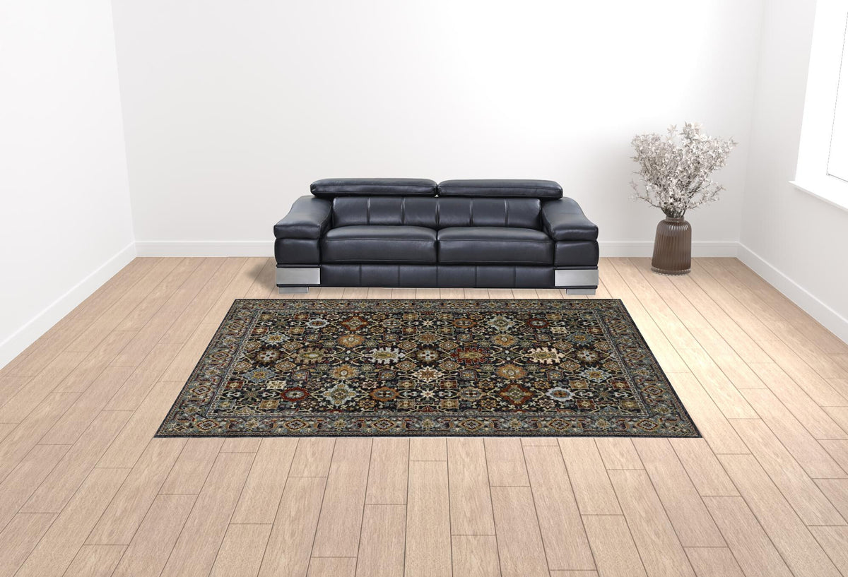 10' X 13' Blue and Beige Oriental Power Loom Area Rug With Fringe
