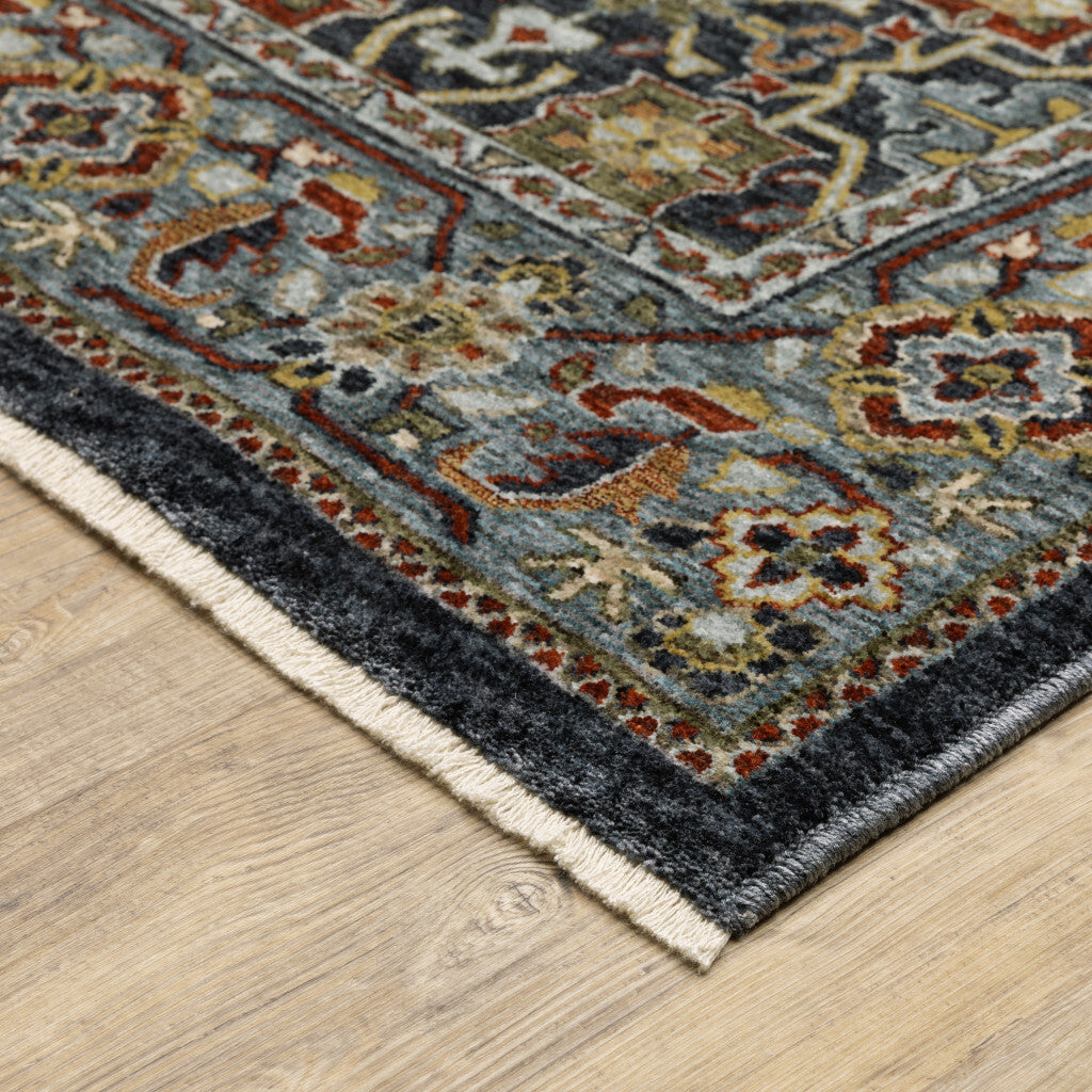 10' X 13' Blue and Beige Oriental Power Loom Area Rug With Fringe