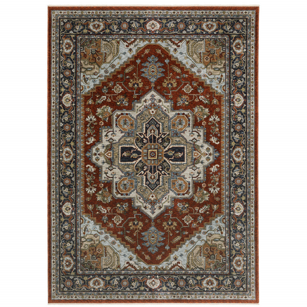 10' X 13' Blue and Beige Oriental Power Loom Area Rug With Fringe