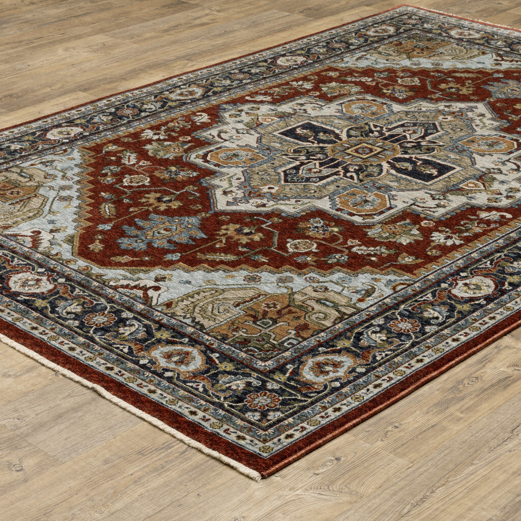 10' X 13' Blue and Beige Oriental Power Loom Area Rug With Fringe