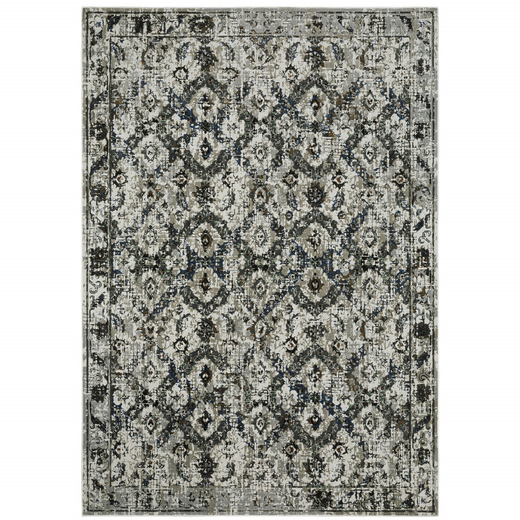 8' X 11' Ivory Charcoal Grey Blue Rust Gold And Brown Oriental Power Loom Stain Resistant Area Rug