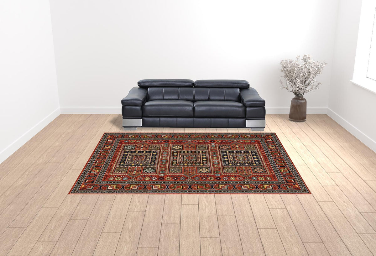 10' X 13' Blue and Red Oriental Power Loom Area Rug With Fringe