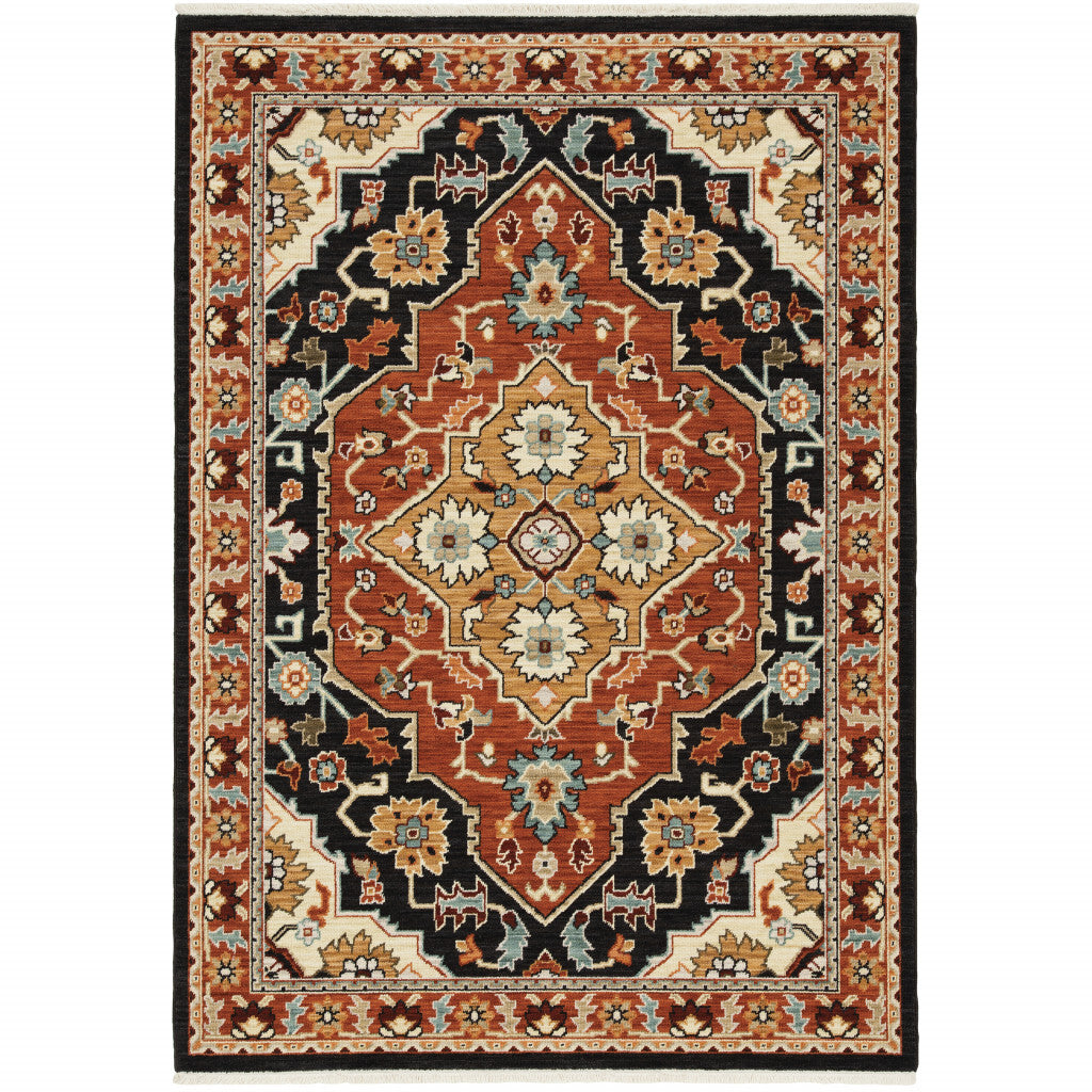 8' X 11' Black and Orange Oriental Power Loom Area Rug With Fringe