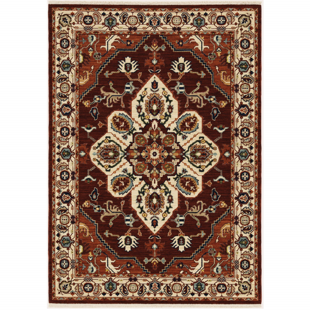 8' X 11' Red and Ivory Oriental Power Loom Area Rug With Fringe