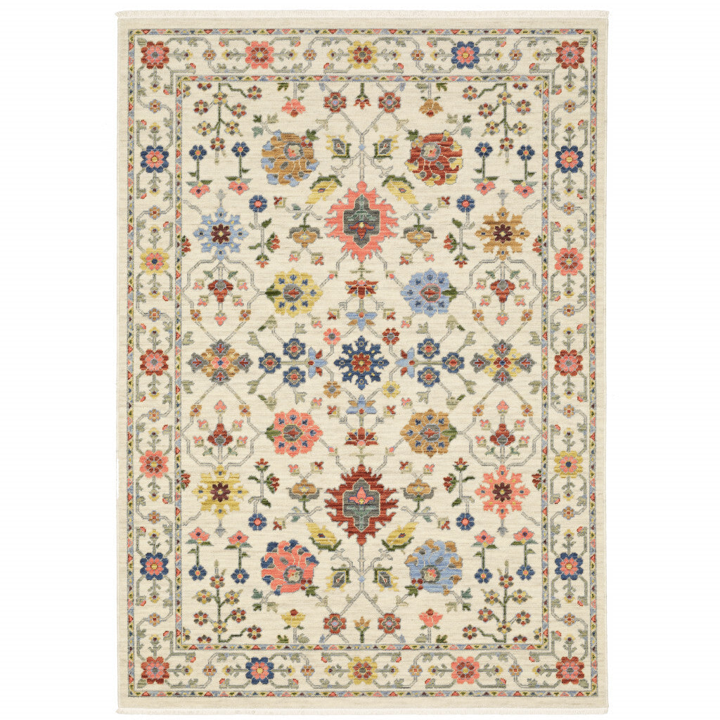 8' X 11' Ivory Salmon Pink Gold Blues Grey Rust And Green Oriental Power Loom Stain Resistant Area Rug With Fringe