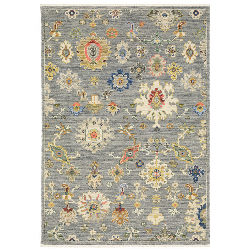 8' X 11' Gray and Ivory Oriental Power Loom Area Rug With Fringe