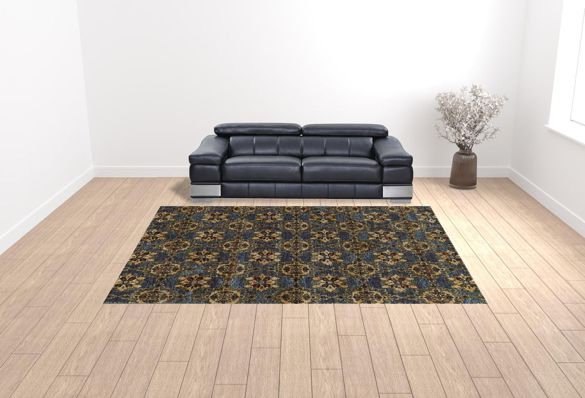 10' X 13' Blue and Gold Oriental Power Loom Area Rug