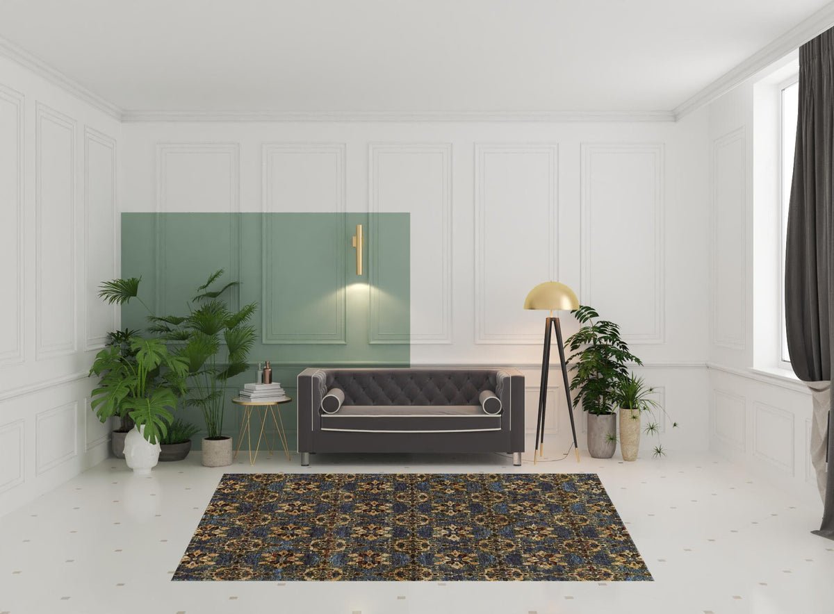 7' X 10' Blue and Gold Oriental Power Loom Area Rug