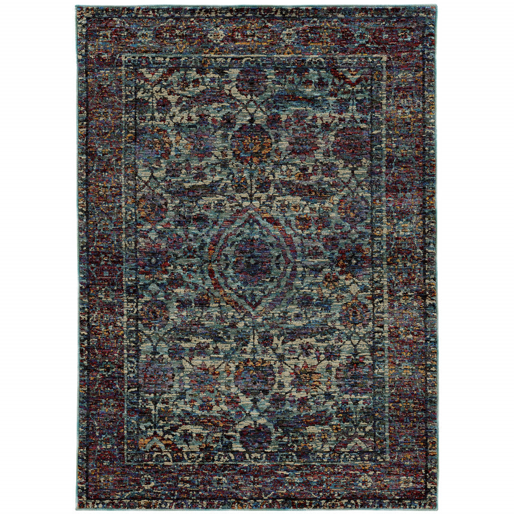 10' X 13' Blue Green Oriental Power Loom Area Rug