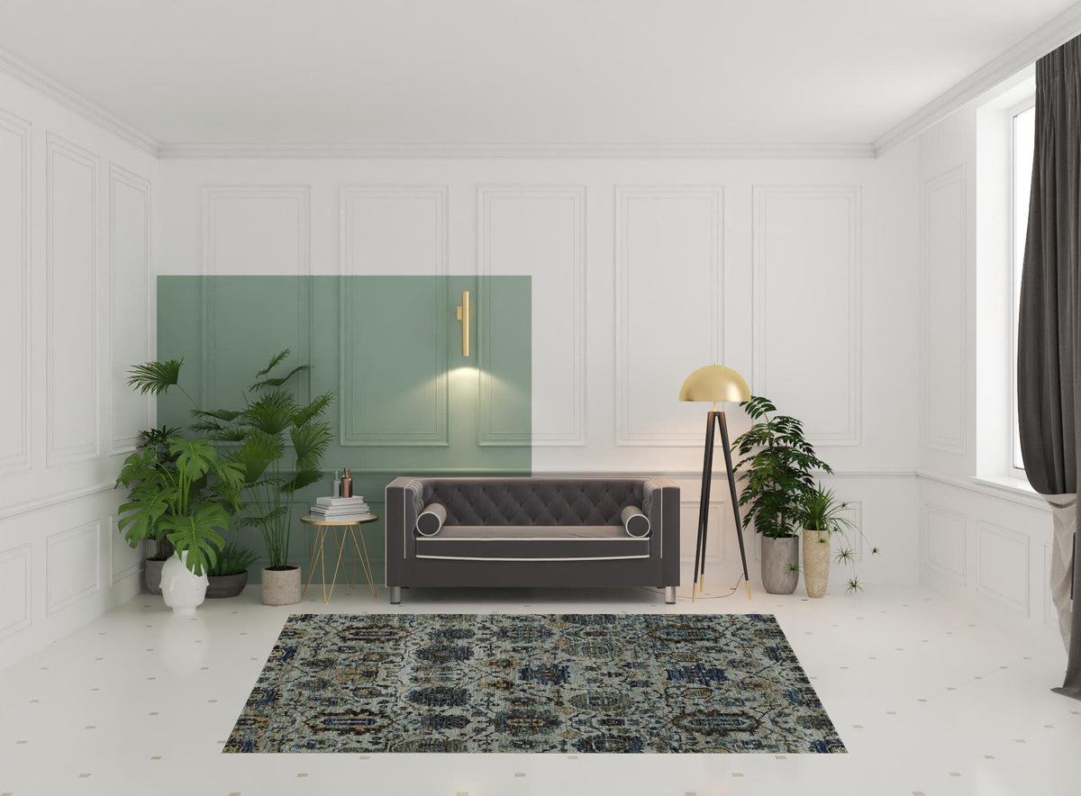 7' X 10' Blue Green Oriental Power Loom Area Rug