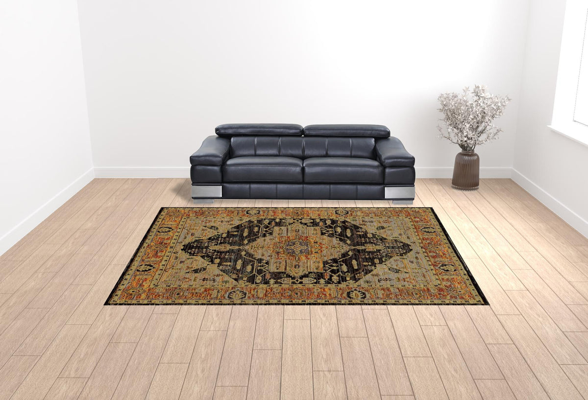 10' X 13' Black and Gold Oriental Power Loom Area Rug