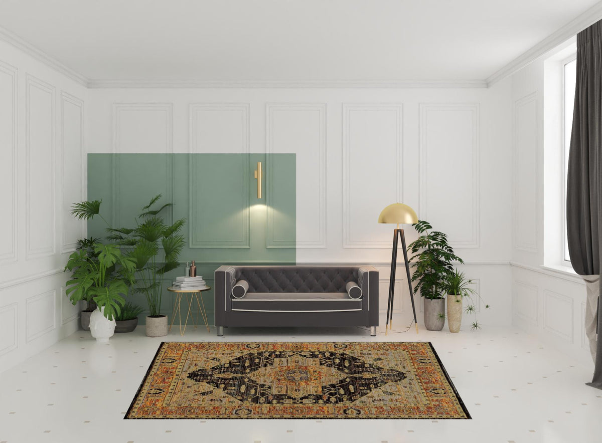 7' X 10' Black and Gold Oriental Power Loom Area Rug