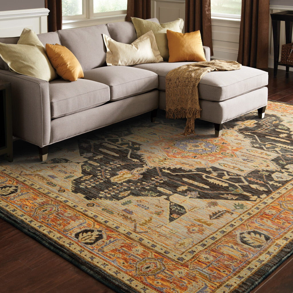 8' X 11' Black and Gold Oriental Power Loom Area Rug