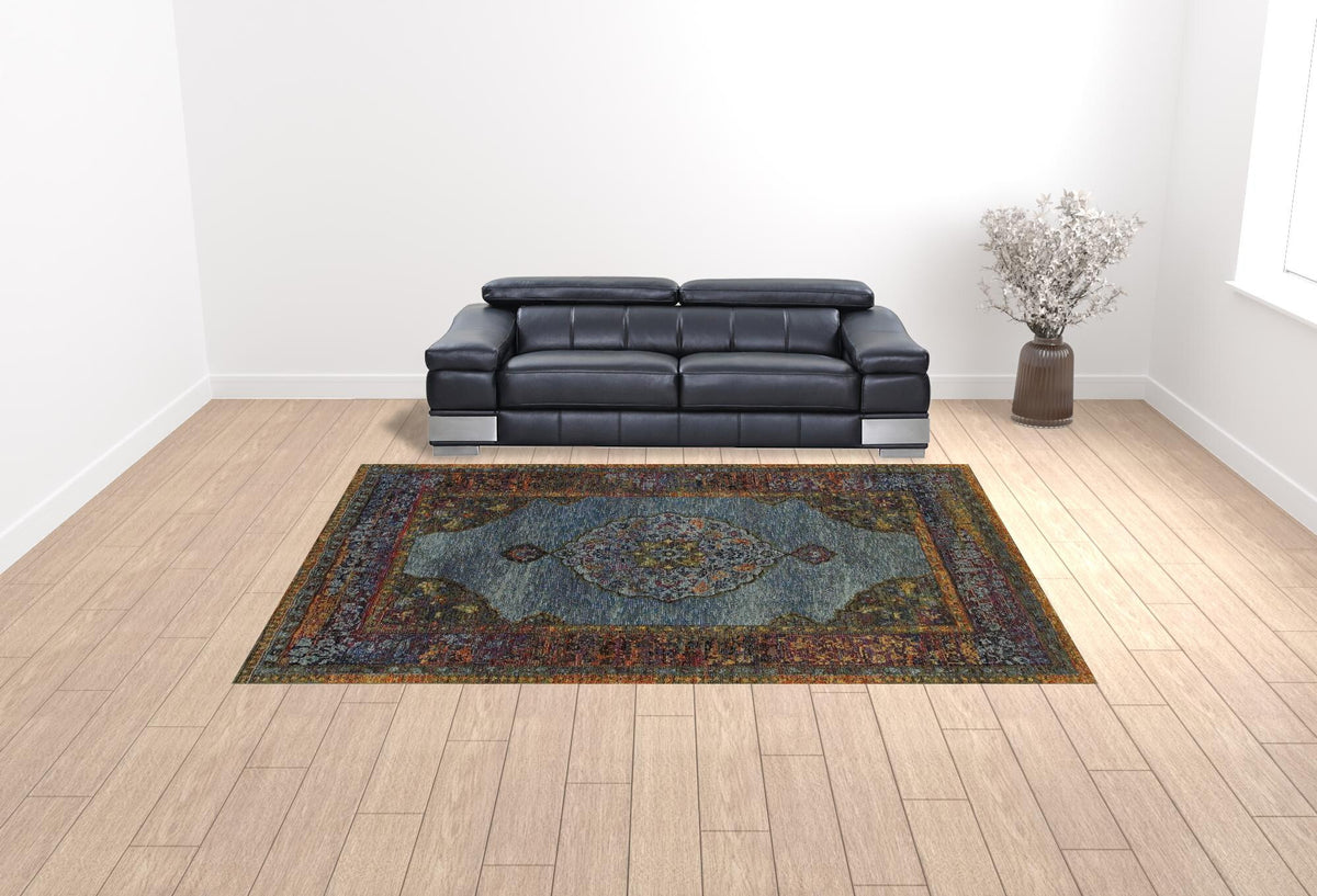 10' X 13' Blue and Beige Oriental Power Loom Area Rug