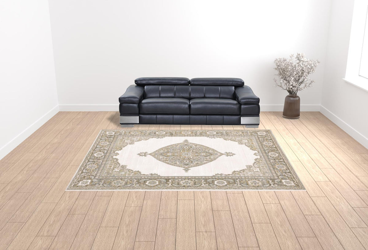 10' X 13' Beige and Ivory Oriental Power Loom Area Rug